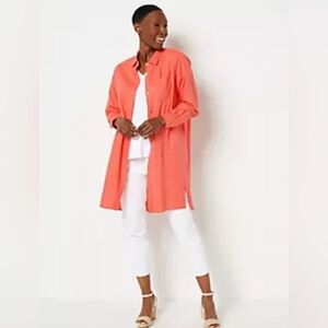 Encore by Idina Menzel Relaxed Linen Blend Button Down Shirt Dress Petite Large